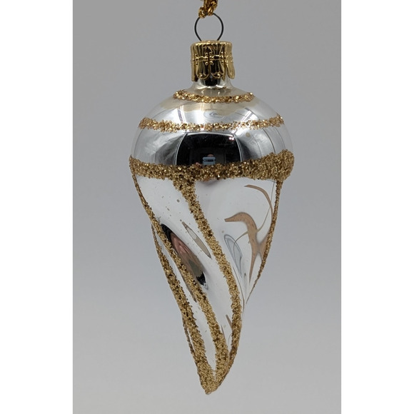 Vintage Czech Republic Handblown Glass Drop Ornament Silver & Gold Glitter Swirl - Picture 2 of 4
